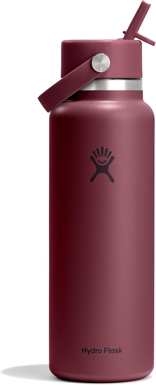 Hydro Flask Water Bottle - Insulated Stainless Steel - Wide Straw Lid, Non Spill, Leakproof in 40 Oz Burgundy