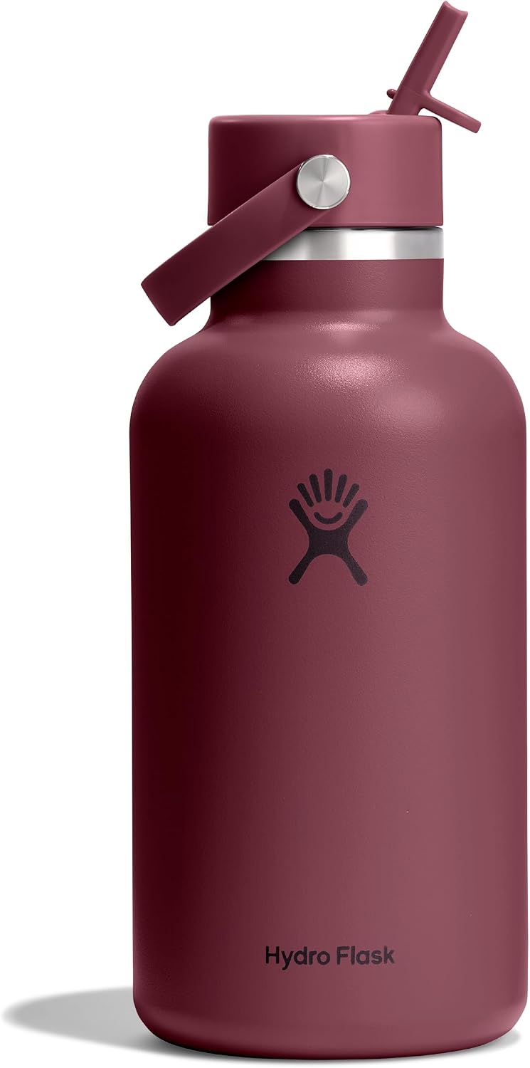 Hydro Flask Water Bottle - Insulated Stainless Steel - Wide Mouth Flex Straw Lid, Non Spill, Leakproof and Refillable in 64 Oz Burgundy