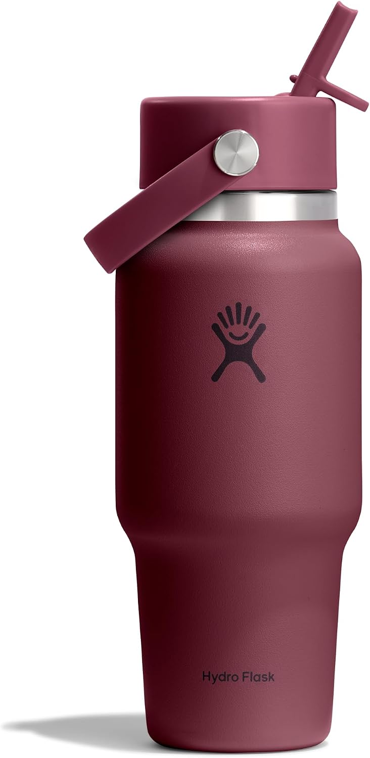 Hydro Flask Travel Water Bottle - Insulated Stainless Steel - Wide Straw Lid, Non Spill, Leakproof in 24 Oz Burgundy
