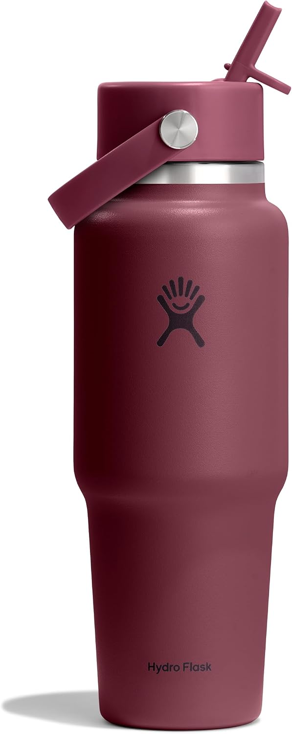 Hydro Flask Travel Water Bottle - Insulated Stainless Steel - Wide Straw Lid, Non Spill, Leakproof in 32 Oz Burgundy