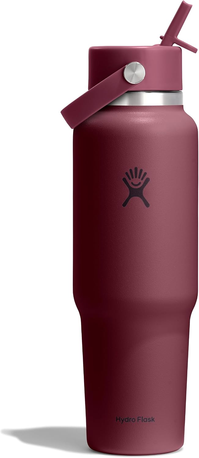 Hydro Flask Travel Water Bottle - Insulated Stainless Steel - Wide Straw Lid, Non Spill, Leakproof in 40 Oz Burgundy