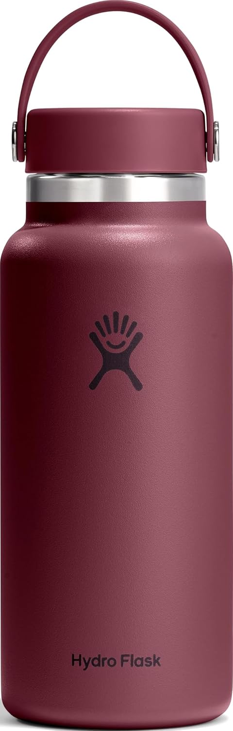 Hydro Flask Water Bottle - Insulated Stainless Steel - Wide Mouth Flex Lid, Non Spill, Leakproof and Refillable in 32 Oz Burgundy