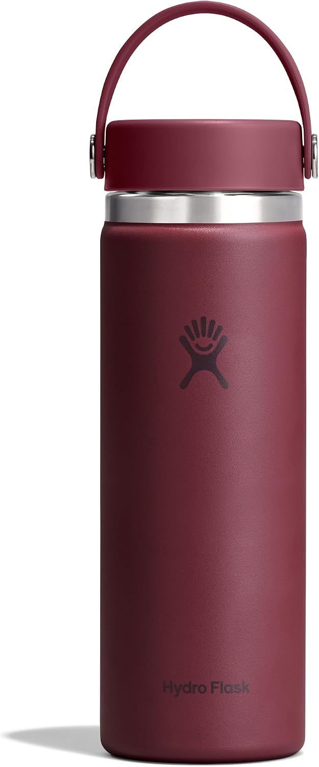 Hydro Flask Water Bottle - Insulated Stainless Steel - Wide Mouth Flex Lid, Non Spill, Leakproof and Refillable in 20 Oz Burgundy