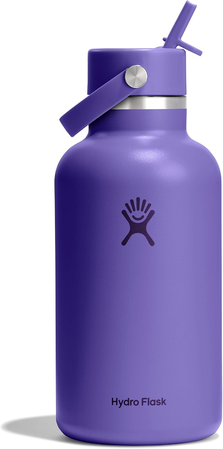Hydro Flask Water Bottle - Insulated Stainless Steel - Wide Mouth Flex Straw Lid, Non Spill, Leakproof and Refillable in 64 Oz Utopia Purple