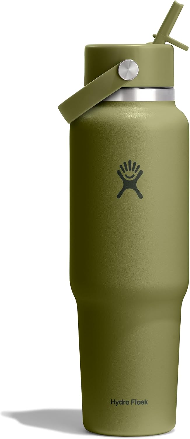 Hydro Flask Travel Water Bottle - Insulated Stainless Steel - Wide Straw Lid, Non Spill, Leakproof in 40 Oz Palmer Green