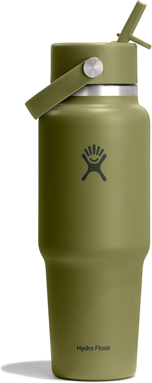 Hydro Flask Travel Water Bottle - Insulated Stainless Steel - Wide Straw Lid, Non Spill, Leakproof in 32 Oz Palmer Green