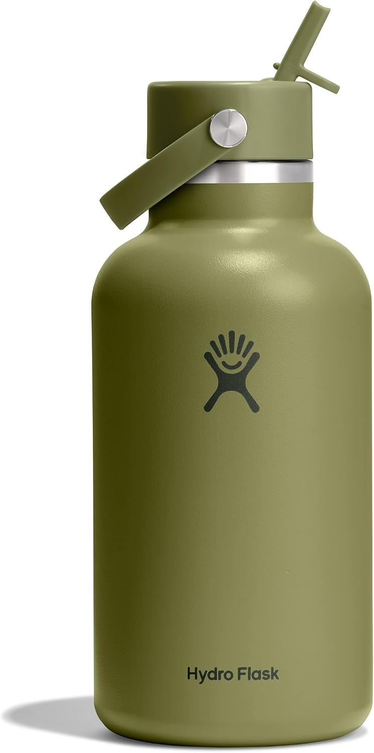 Hydro Flask Water Bottle - Insulated Stainless Steel - Wide Mouth Flex Straw Lid, Non Spill, Leakproof and Refillable in 64 Oz Palmer Green