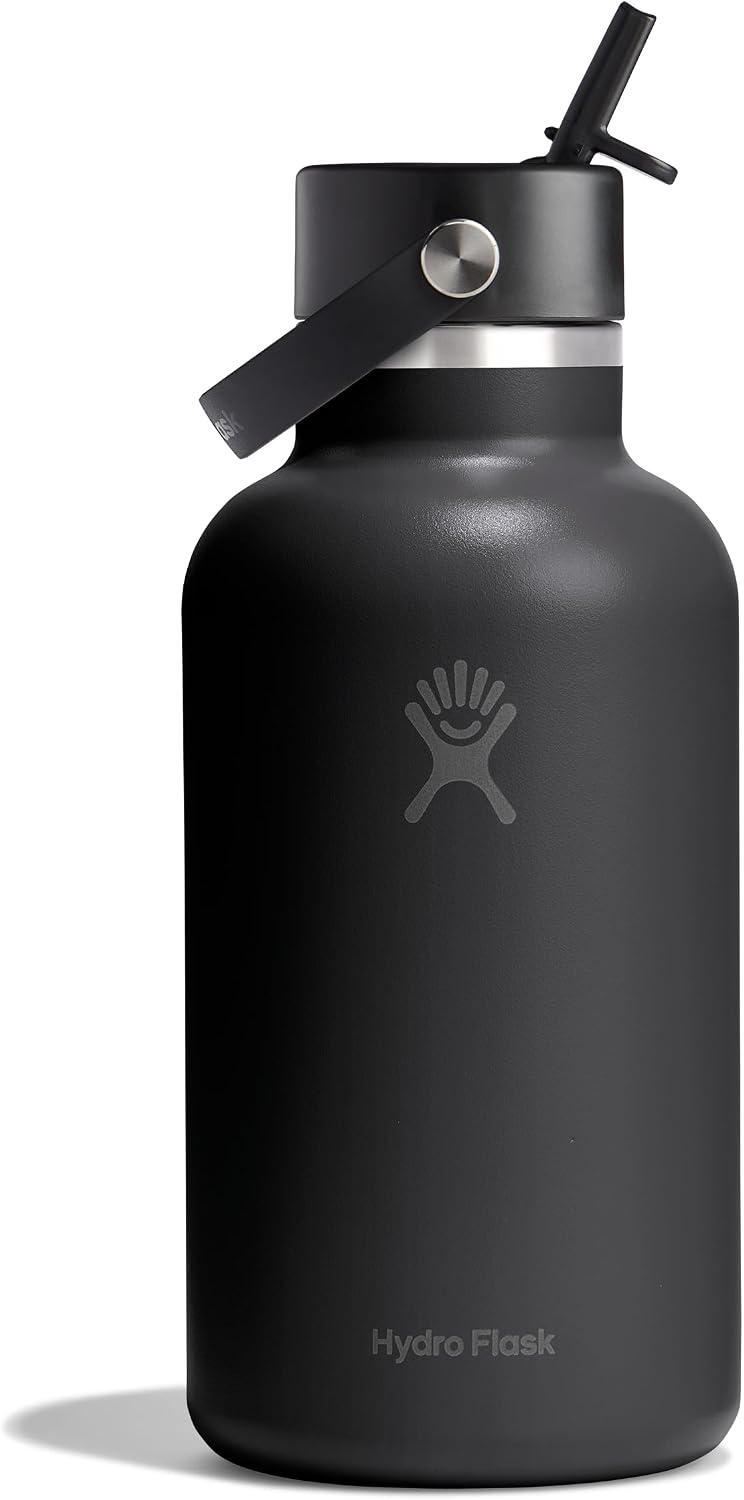 Hydro Flask Water Bottle - Insulated Stainless Steel - Wide Straw Lid, Non Spill, Leakproof in 64 Oz Tonal Black
