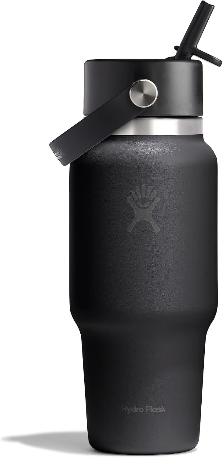 Hydro Flask Travel Water Bottle - Insulated Stainless Steel - Wide Straw Lid, Non Spill, Leakproof in 24 Oz Tonal Black