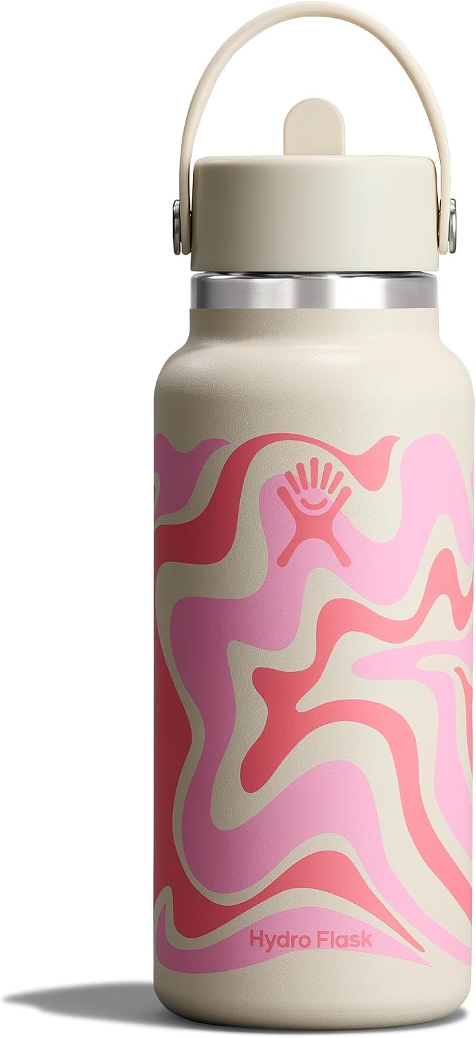 Hydro Flask Water Bottle - Insulated Stainless Steel - Wide Mouth Flex Straw Lid, Non Spill, Leakproof and Refillable in 32 Oz Callie Pink