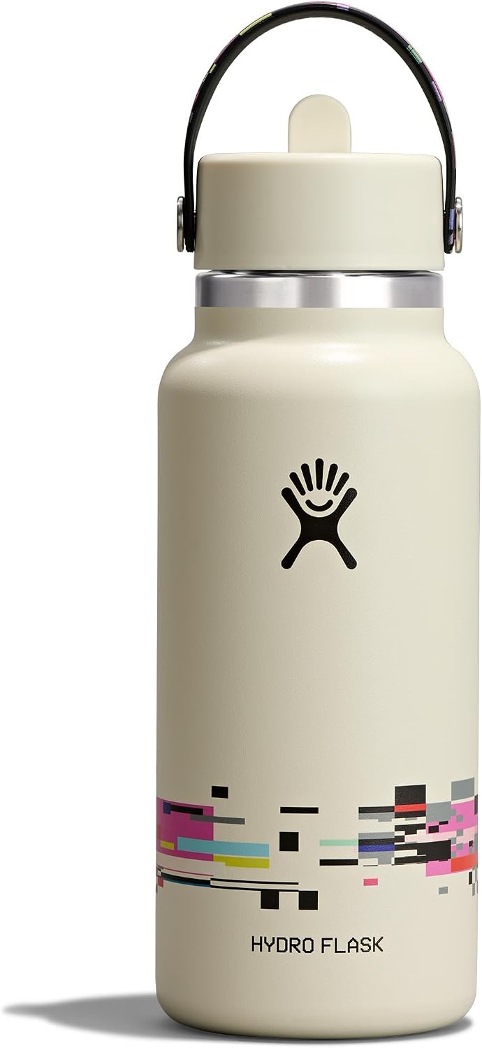 Hydro Flask Water Bottle - Insulated Stainless Steel - Wide Mouth Flex Straw Lid, Non Spill, Leakproof and Refillable in 32 Oz Glitch White
