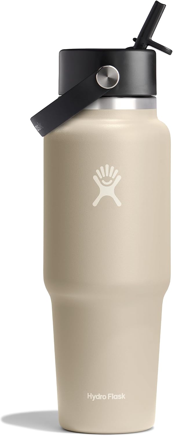 Hydro Flask Travel Water Bottle - Insulated Stainless Steel - Wide Straw Lid, Non Spill, Leakproof in 32 Oz Oat Tan