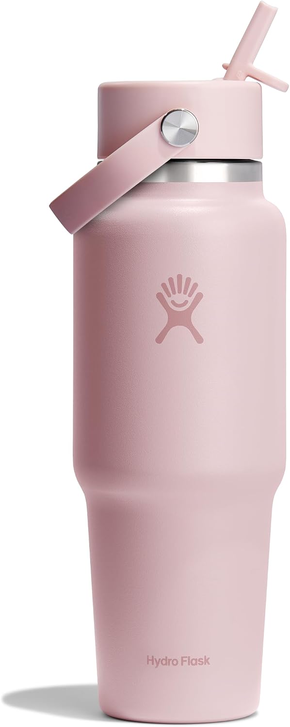 Hydro Flask Travel Water Bottle - Insulated Stainless Steel - Wide Straw Lid, Non Spill, Leakproof in 32 Oz Trillium Pink Tonal Trillium