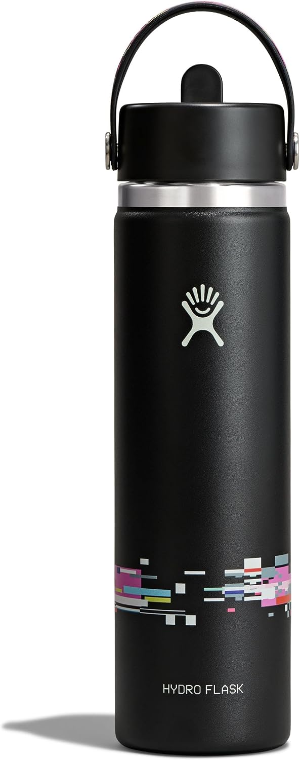 Hydro Flask Water Bottle - Insulated Stainless Steel - Wide Straw Lid, Non Spill, Leakproof in 24 Oz Glitch Black
