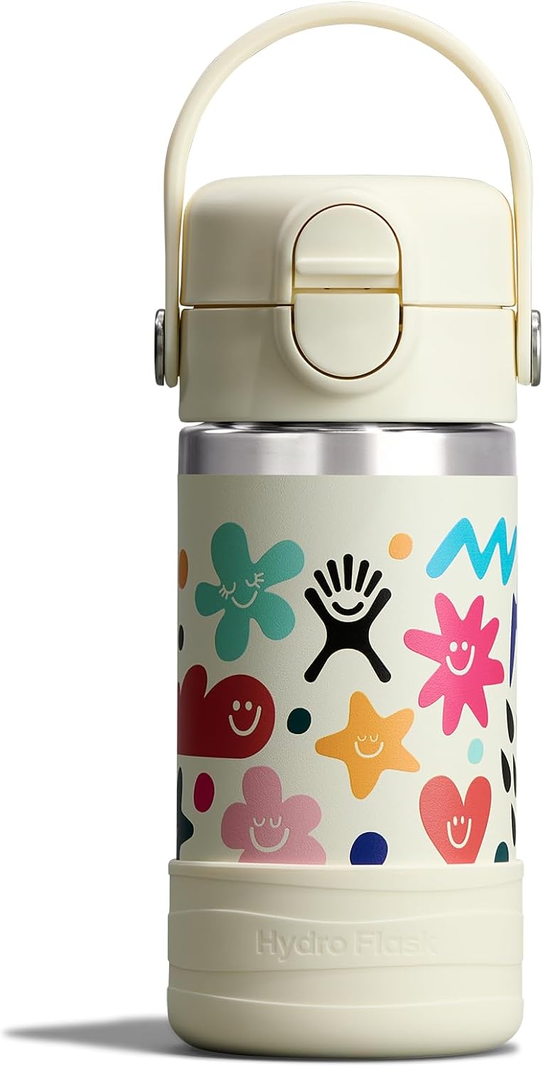 Hydro Flask Kids Water Bottle for School - Stainless Steel and Insulated with Covered Straw Cap - 12 Oz in Daydream White