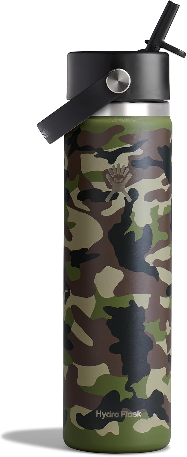 Hydro Flask Water Bottle - Insulated Stainless Steel - Wide Straw Lid, Non Spill, Leakproof in 24 Oz Woodland Camo