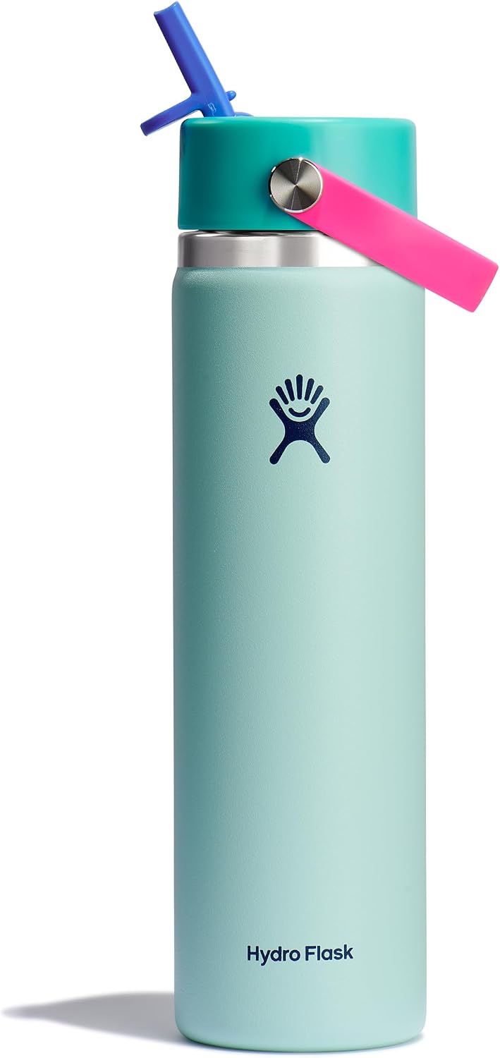 Hydro Flask Water Bottle - Insulated Stainless Steel - Wide Mouth Flex Straw Lid, Non Spill, Leakproof and Refillable in 24 Oz Polar Plunge