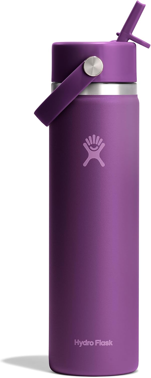 Hydro Flask Water Bottle - Insulated Stainless Steel - Wide Mouth Flex Straw Lid, Non Spill, Leakproof and Refillable in 24 Oz Beachplum Purple