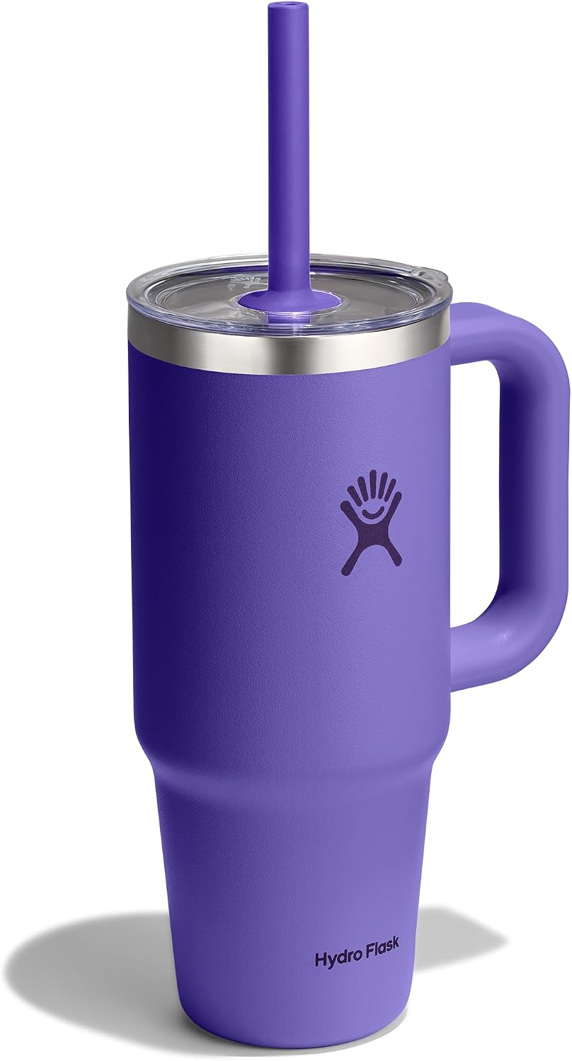 Hydro Flask Travel Tumbler with Handle, Clear Lid and Straw - Insulated Stainless Steel Utopia Purple