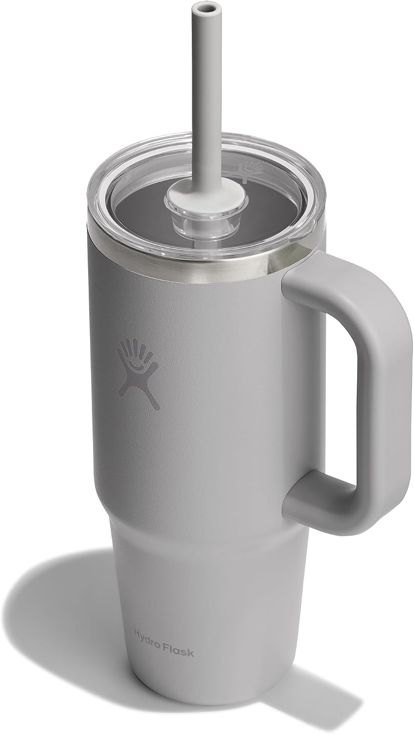 Hydro Flask Travel Tumbler with Handle, Clear Lid and Straw - Insulated Stainless Steel Birch Gray