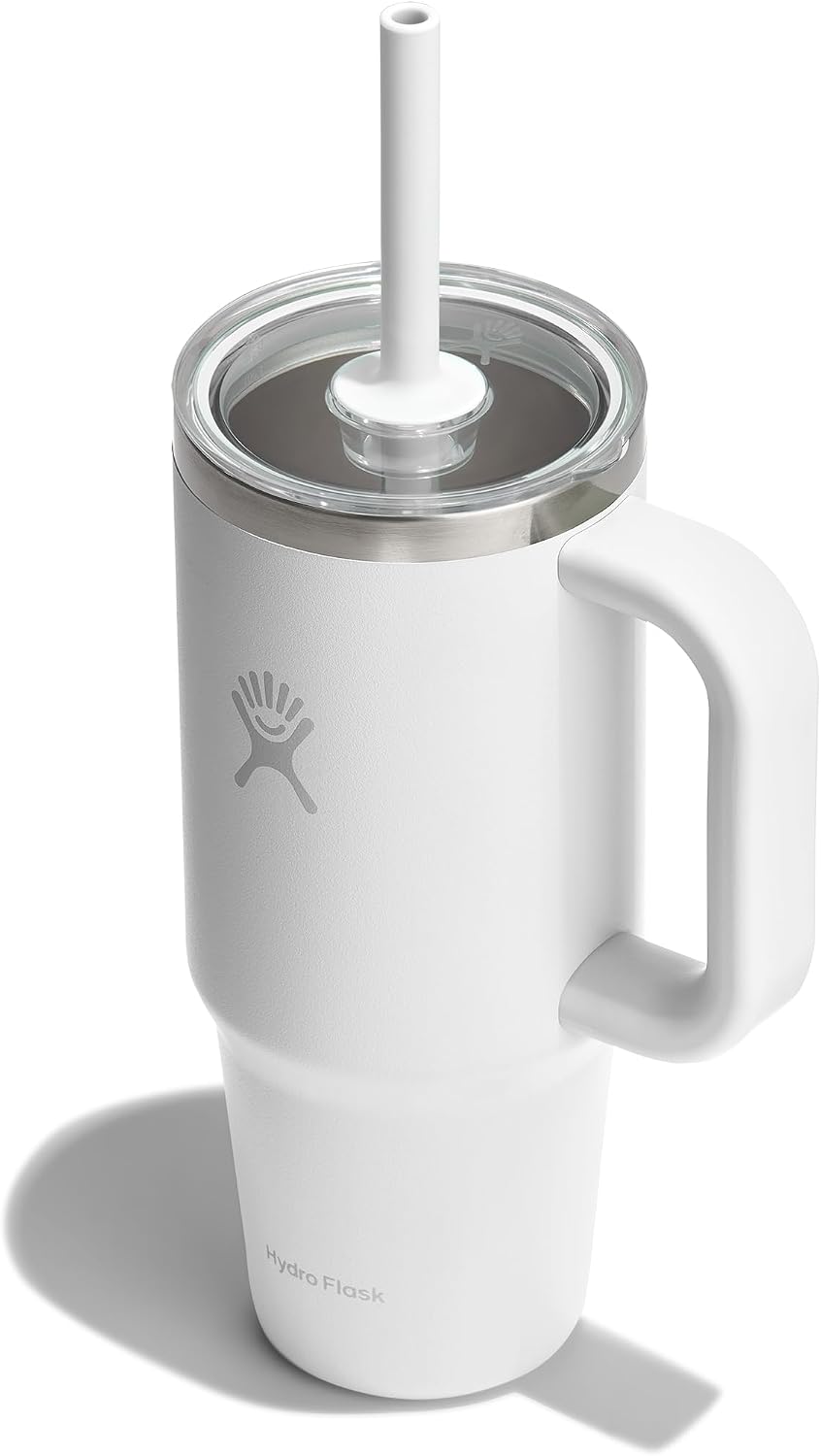 Hydro Flask Travel Tumbler with Handle, Clear Lid and Straw - Insulated Stainless Steel White