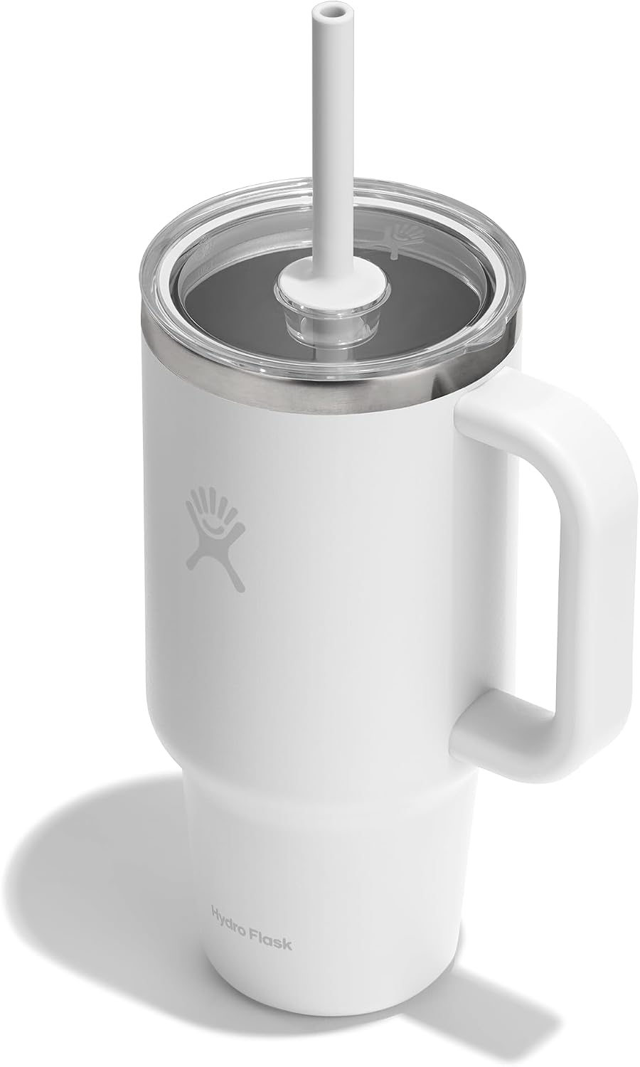 Hydro Flask Travel Tumbler with Handle, Clear Lid and Straw - Insulated Stainless Steel White