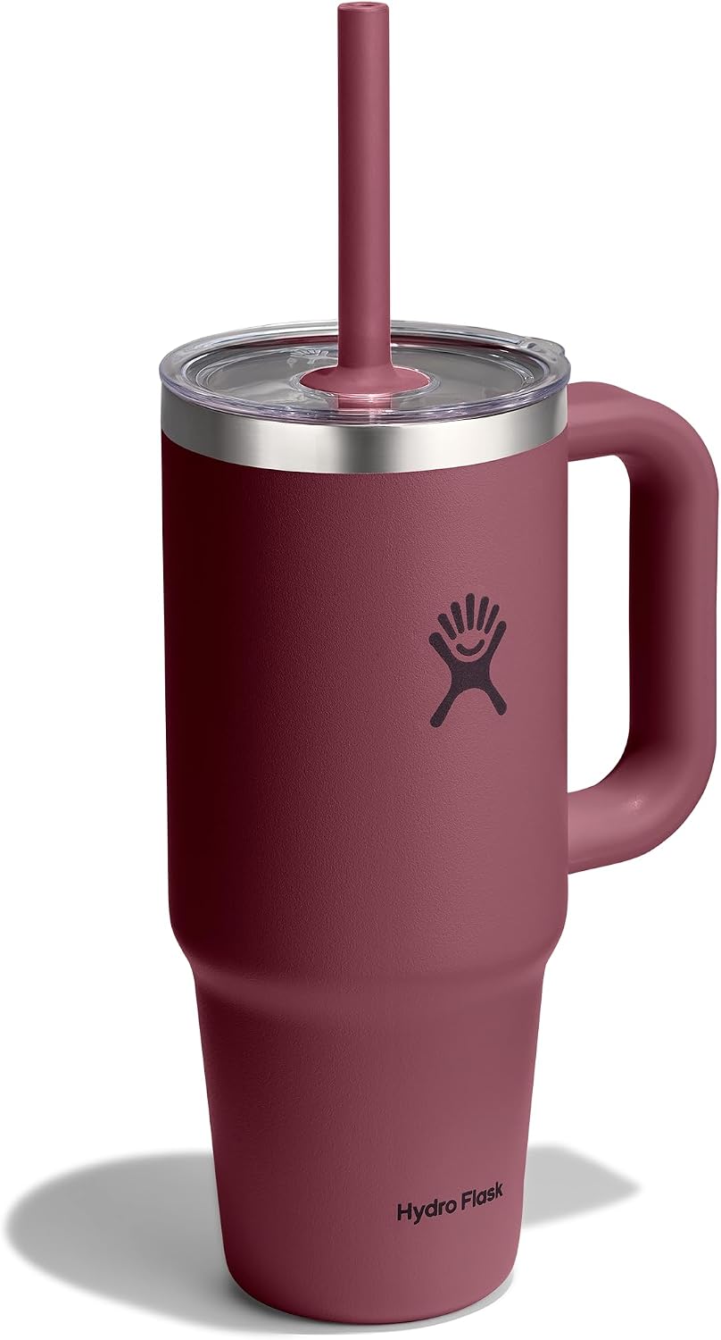 Hydro Flask Travel Tumbler with Handle, Clear Lid and Straw - Insulated Stainless Steel Burgundy