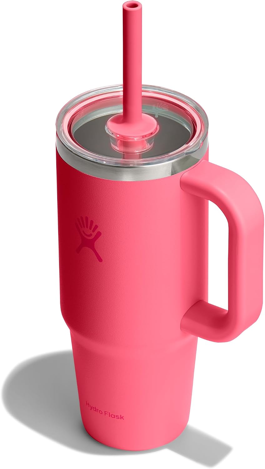 Hydro Flask Travel Tumbler with Handle, Clear Lid and Straw - Insulated Stainless Steel Popstar Pink