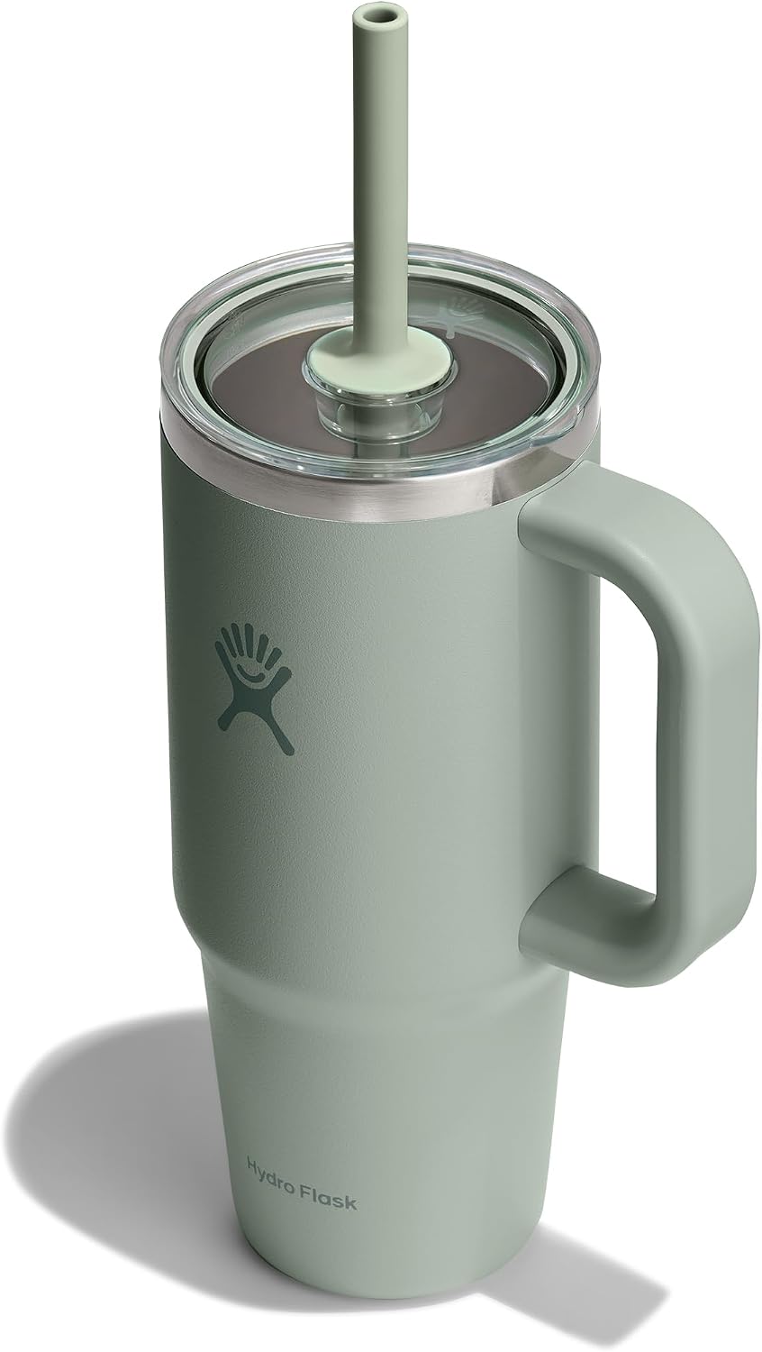 Hydro Flask Travel Tumbler with Handle, Clear Lid and Straw - Insulated Stainless Steel Agave Green