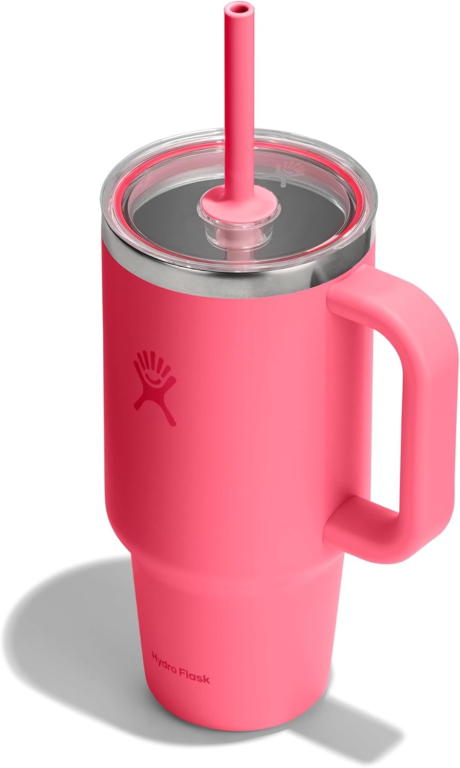 Hydro Flask Travel Tumbler with Handle, Clear Lid and Straw - Insulated Stainless Steel Popstar Pink
