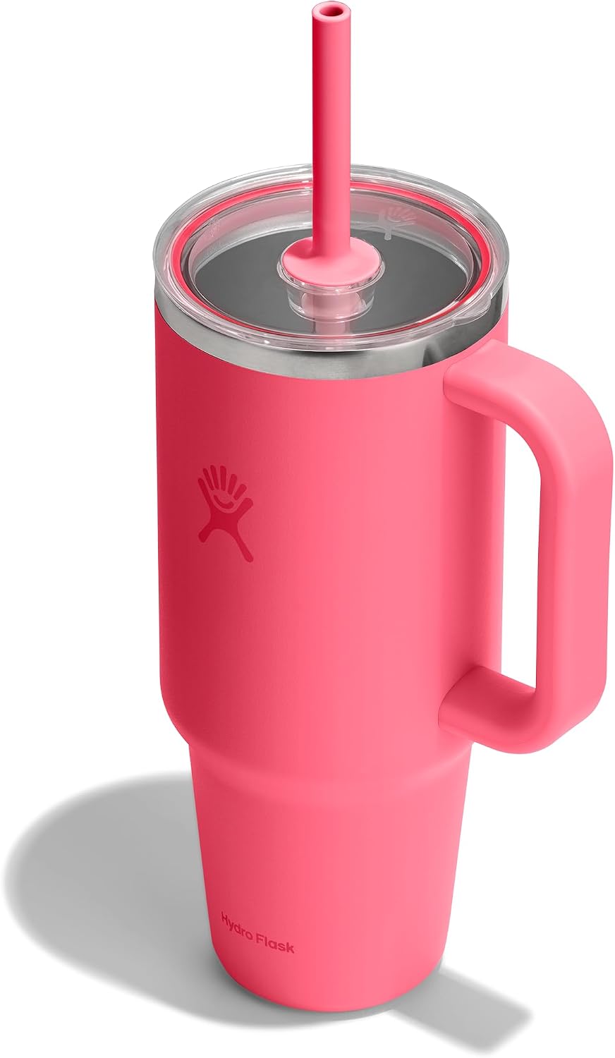 Hydro Flask Travel Tumbler with Handle, Clear Lid and Straw - Insulated Stainless Steel Popstar Pink