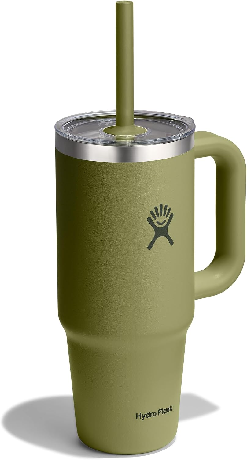 Hydro Flask Travel Tumbler with Handle, Clear Lid and Straw - Insulated Stainless Steel Palmer Green