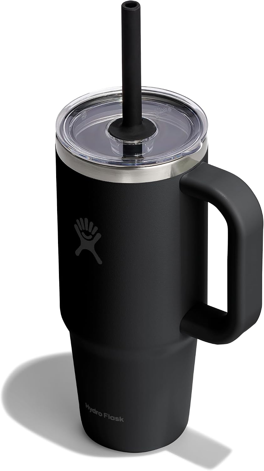 Hydro Flask Travel Tumbler with Handle, Clear Lid and Straw - Insulated Stainless Steel Black