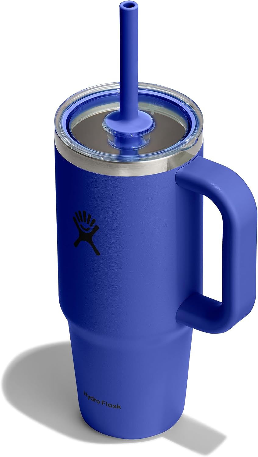 Hydro Flask Travel Tumbler with Handle, Clear Lid and Straw - Insulated Stainless Steel Capri Blue