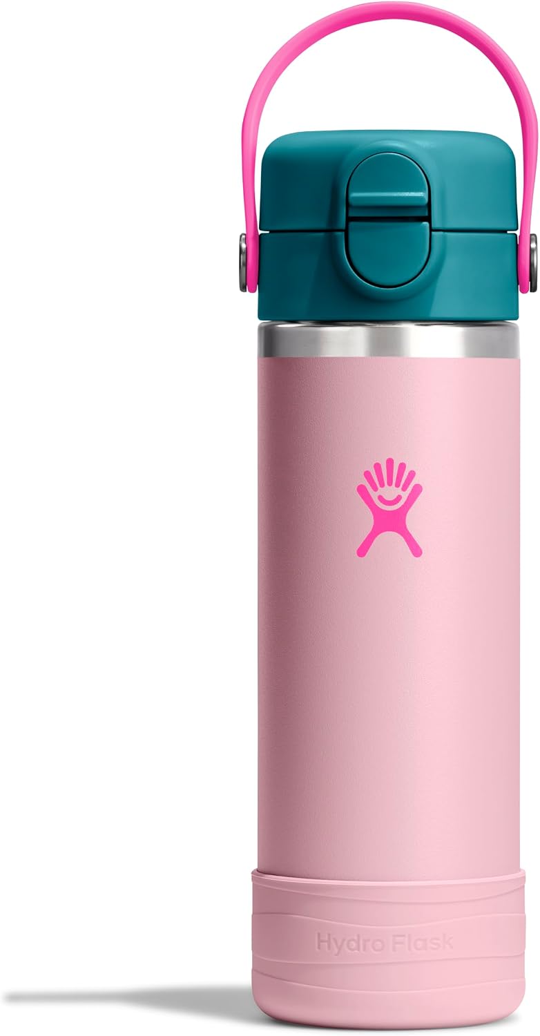 Hydro Flask Kids Water Bottle for School - Stainless Steel and Insulated with Straw Cap - 18 Oz in Blossom Pink