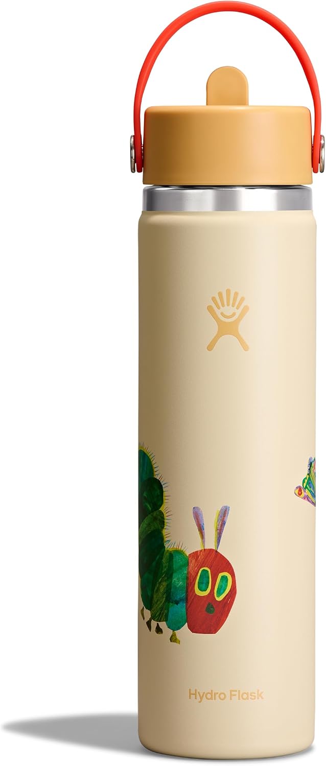 Hydro Flask Water Bottle - Insulated Stainless Steel - Wide Straw Lid, Non Spill, Leakproof in 24 Oz Hungry Caterpillar