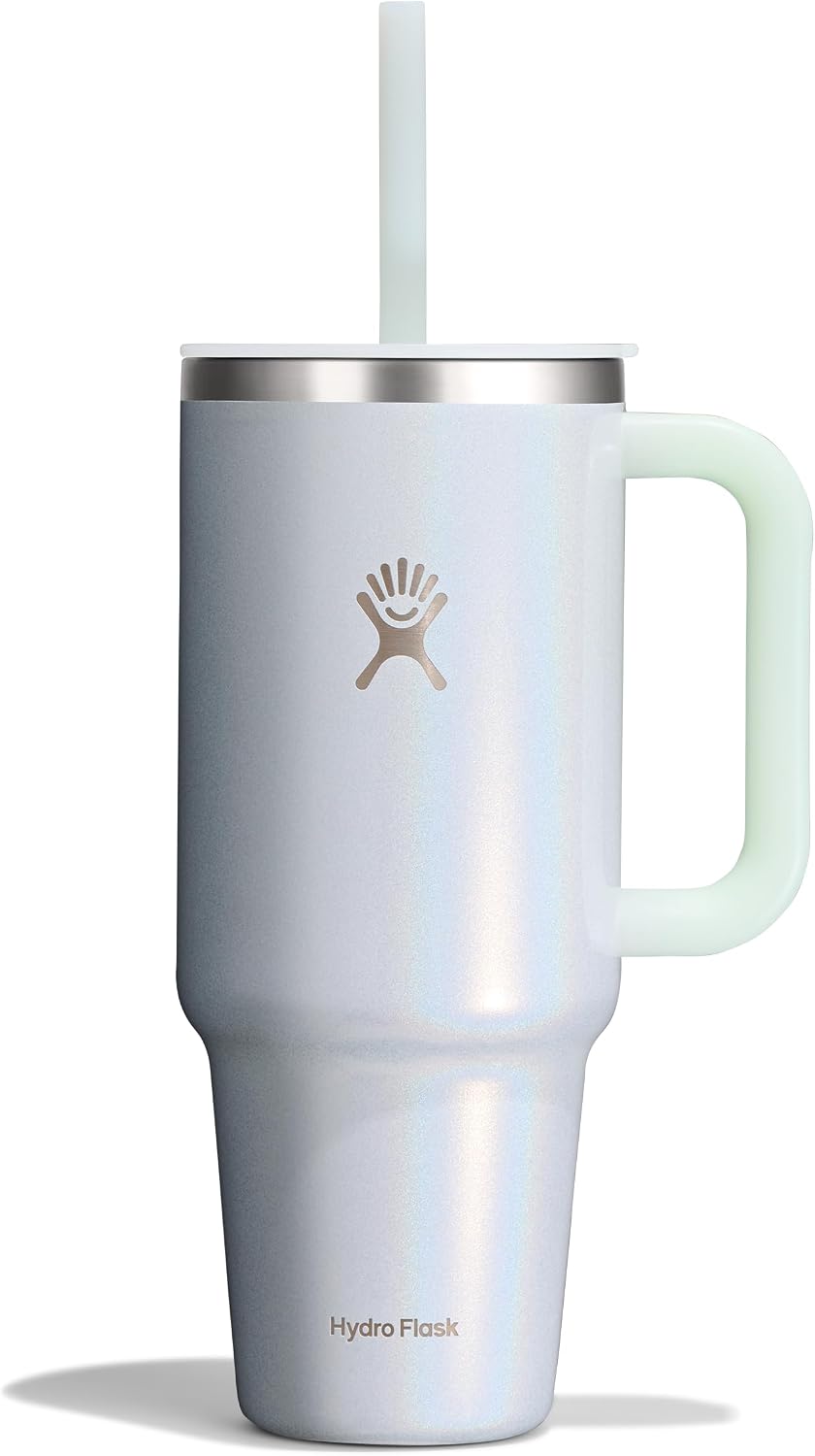 Hydro Flask Travel Tumbler with Handle, Lid and Straw - Insulated Stainless Steel in 40 Oz Glimmer Blue
