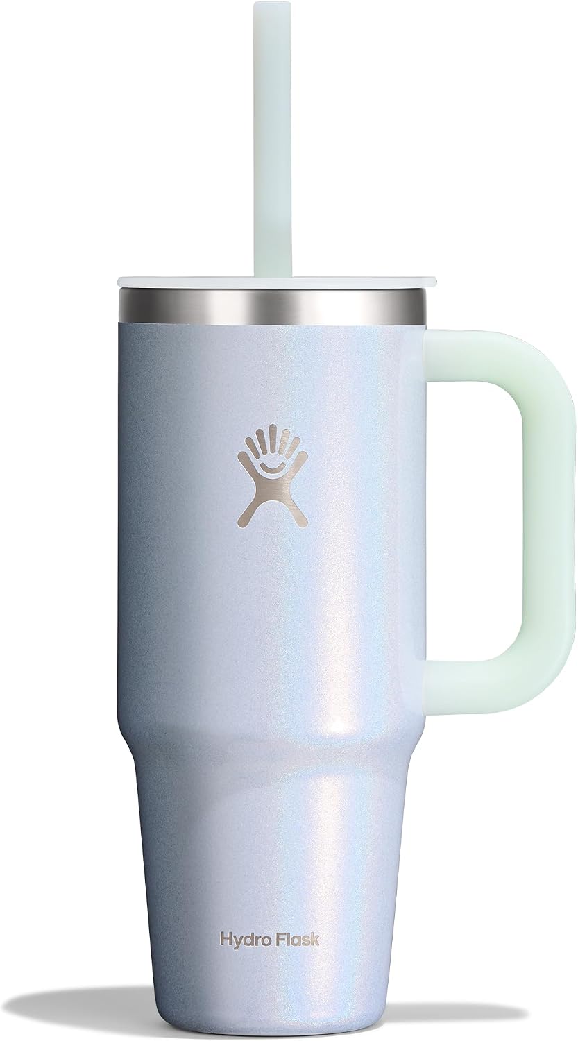 Hydro Flask Travel Tumbler with Handle, Lid and Straw - Insulated Stainless Steel in 24 Oz Glimmer Blue