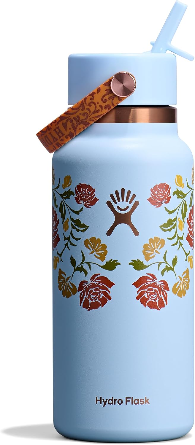 Hydro Flask Water Bottle - Insulated Stainless Steel - Wide Mouth Flex Straw Lid, Non Spill, Leakproof and Refillable in 32 Oz Western Light Blue