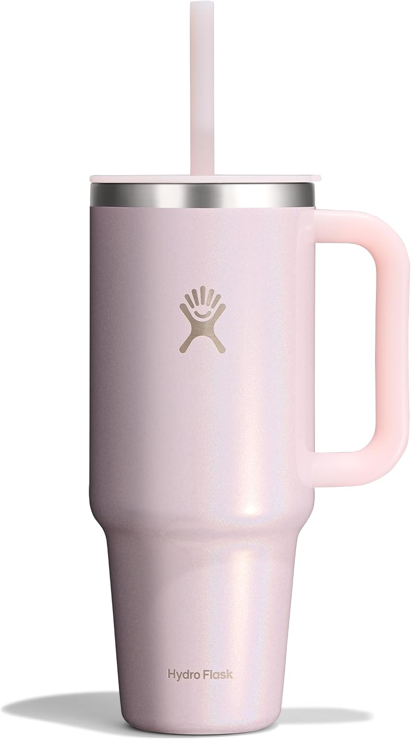 Hydro Flask Travel Tumbler with Handle, Lid and Straw - Insulated Stainless Steel in 40 Oz Glimmer Pink