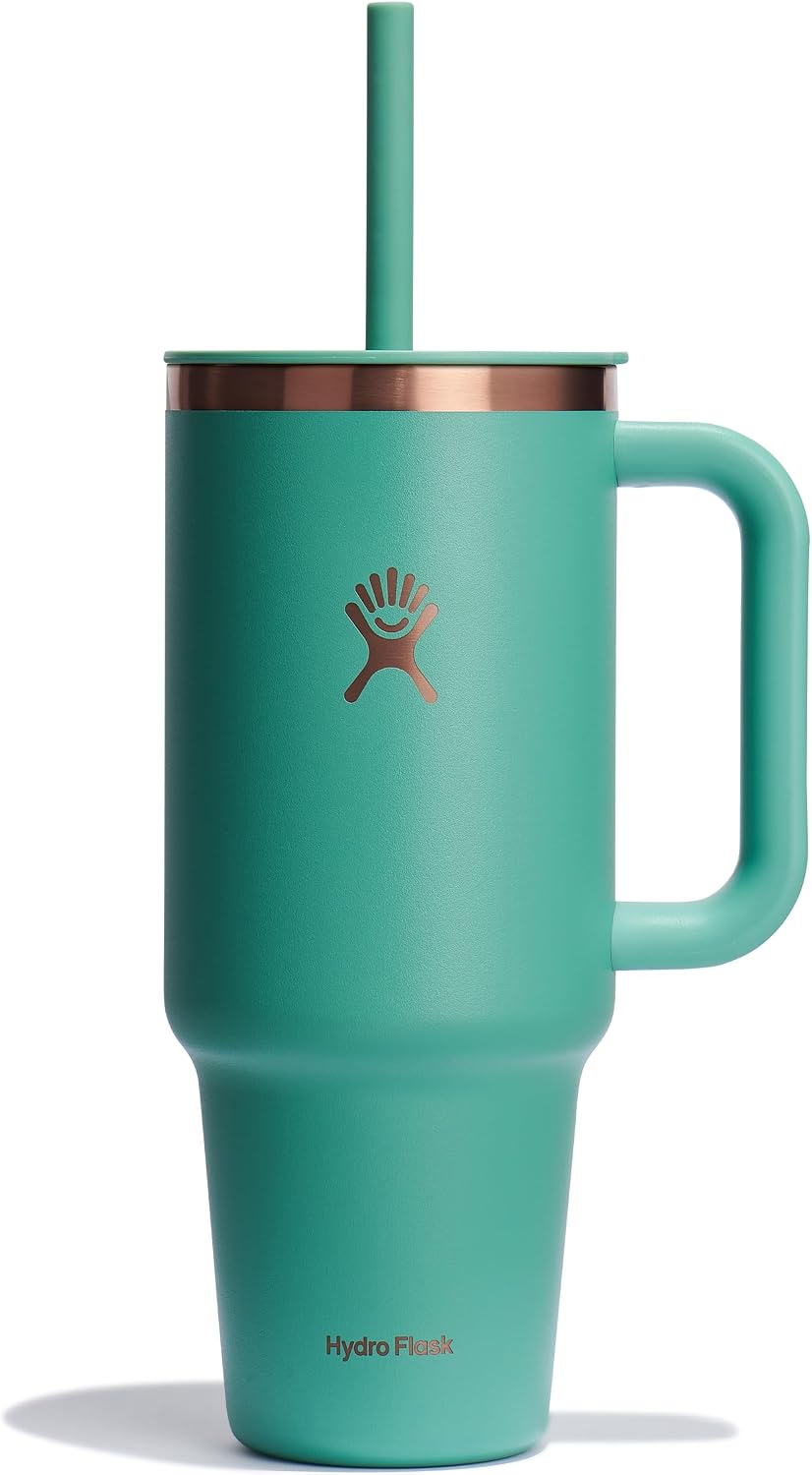 Hydro Flask 40 Oz Travel Tumbler with Handle, Lid and Straw - Insulated Stainless Steel in 40 Oz Thyme Green Rose Gold THYME ROSE GOLD