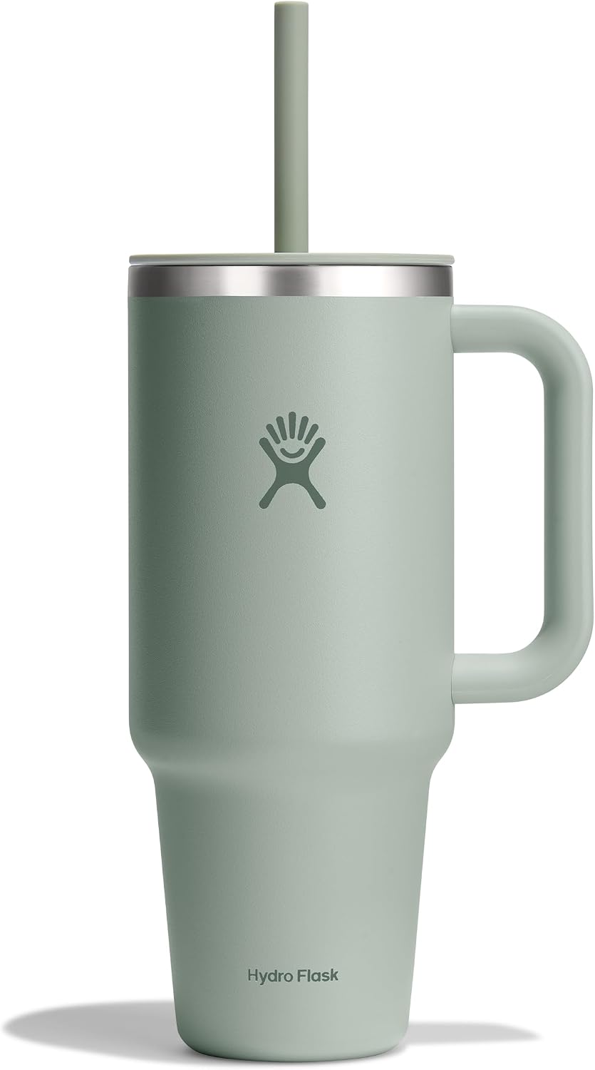Hydro Flask Travel Tumbler with Handle, Lid and Straw - Insulated Stainless Steel in 40 Oz Tonal Agave Green