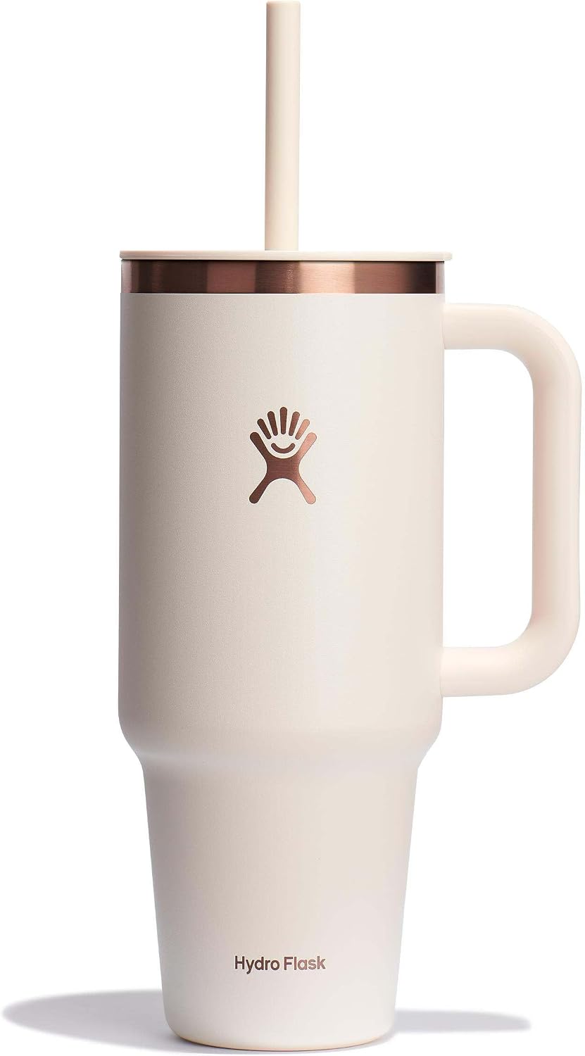 Hydro Flask Travel Tumbler with Handle, Lid and Straw - Insulated Stainless Steel in 40 Oz Ivory Rose Gold