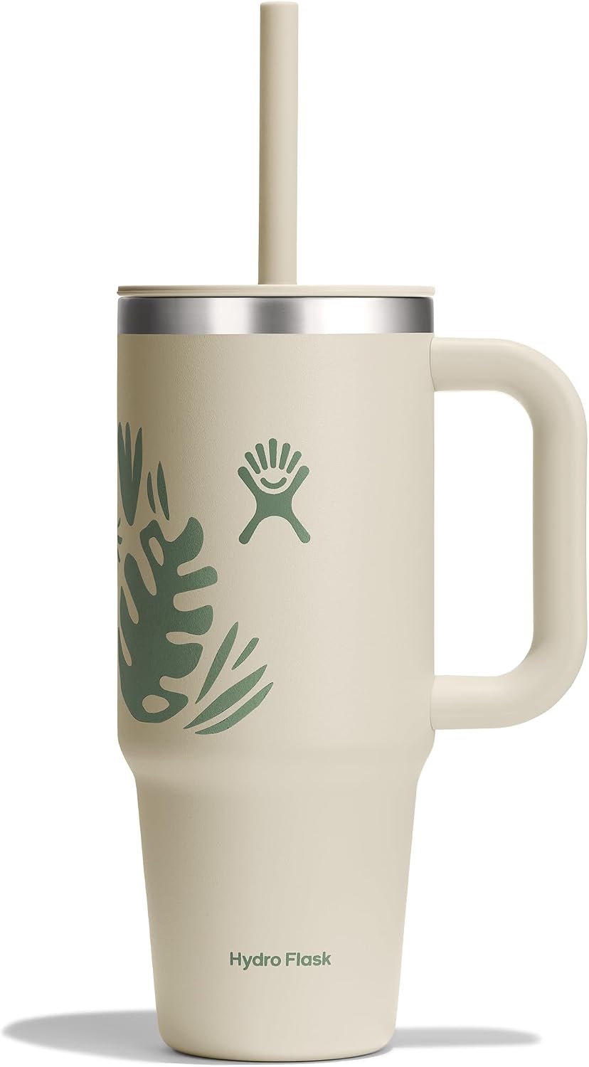 Hydro Flask Travel Tumbler with Handle, Lid and Straw - Insulated Stainless Steel in 24 Oz Botanical Bliss Coconut