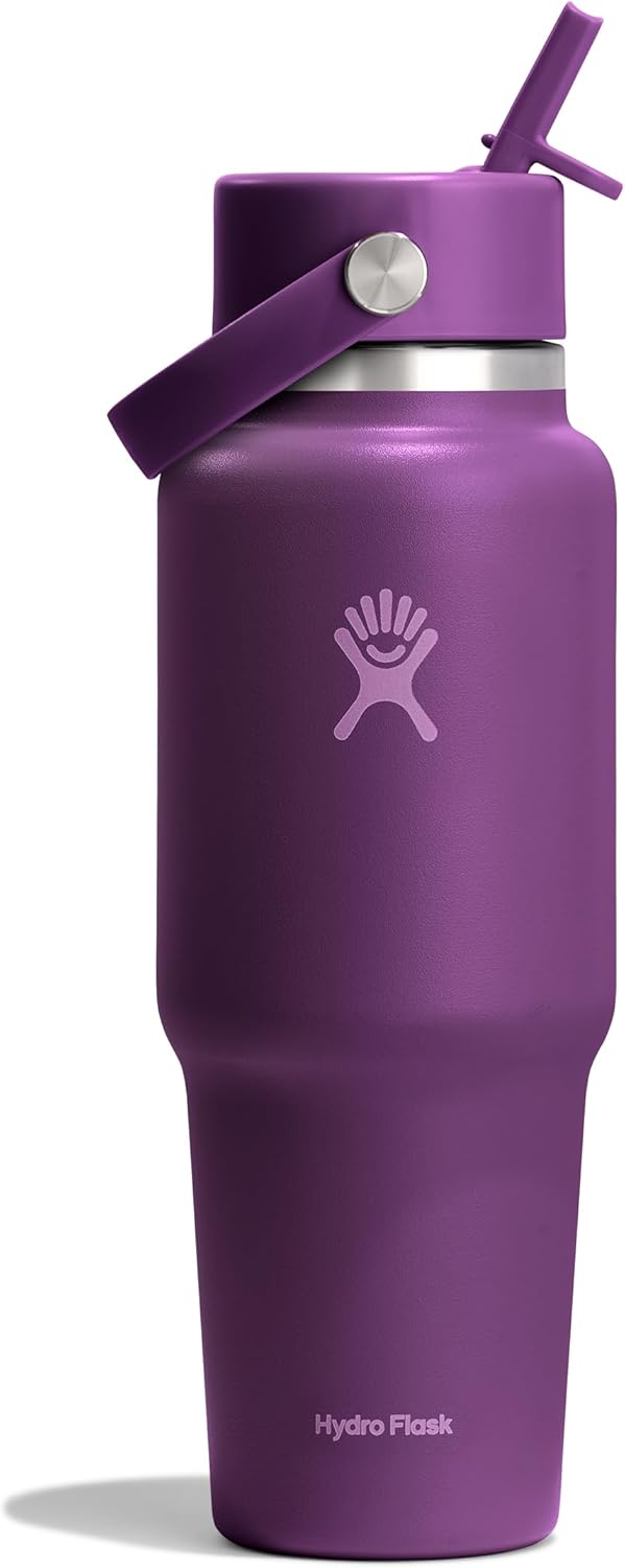 Hydro Flask Travel Water Bottle - Insulated Stainless Steel - Wide Straw Lid, Non Spill, Leakproof in 32 Oz Oat Tan BEACHPLUM PURPLE