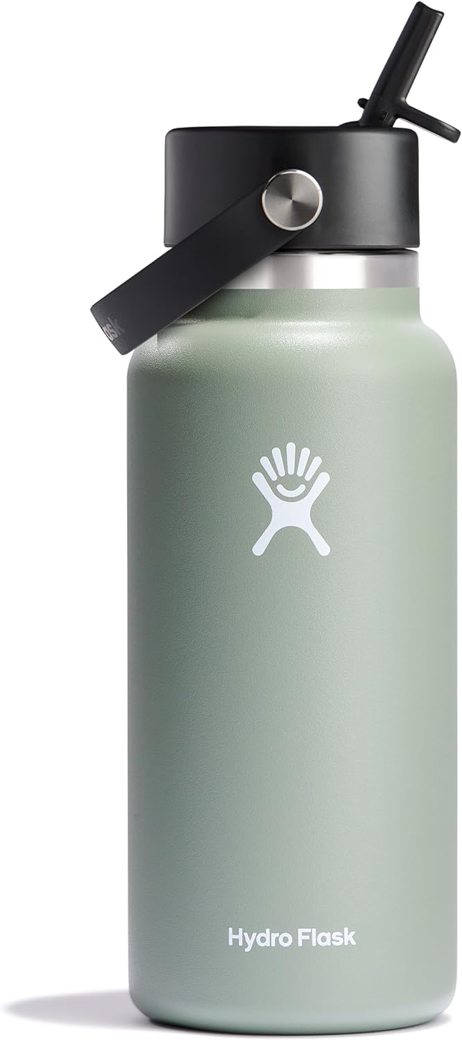 Hydro Flask Water Bottle - Insulated Stainless Steel - Wide Mouth Flex Straw Lid, Non Spill, Leakproof and Refillable in Agave 32 Oz