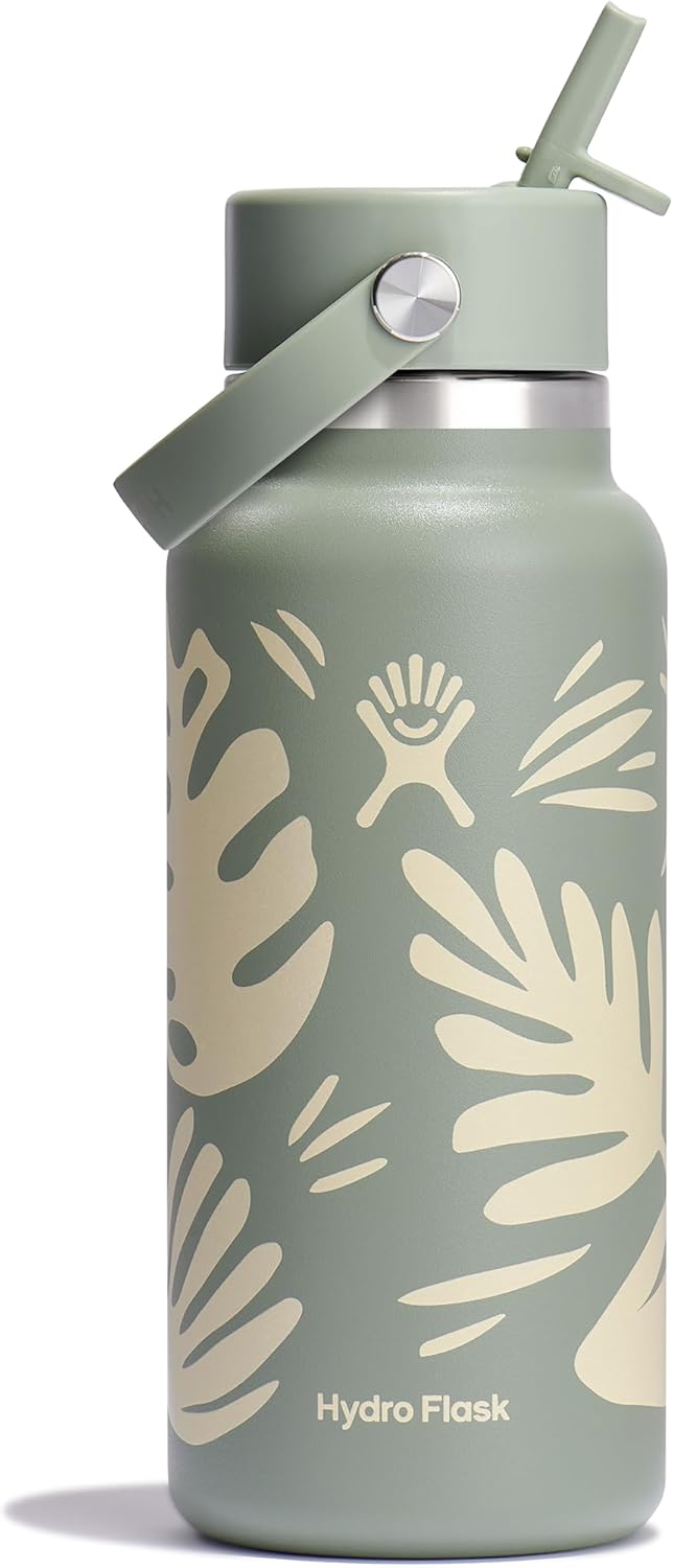 Hydro Flask Water Bottle - Insulated Stainless Steel - Wide Mouth Flex Straw Lid, Non Spill, Leakproof and Refillable in 32 Oz Botanical Bliss Agave