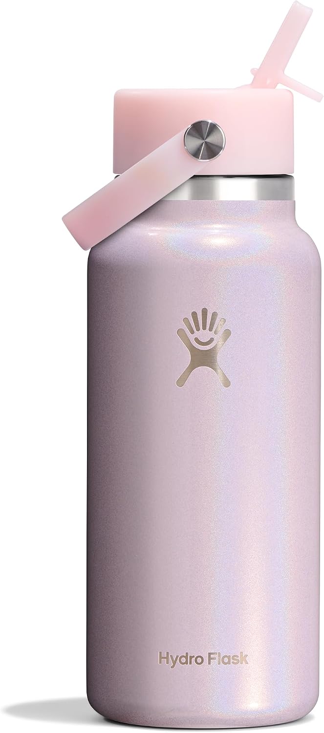 Hydro Flask Water Bottle - Insulated Stainless Steel - Wide Straw Lid, Non Spill, Leakproof in 24 Oz Glimmer Pink