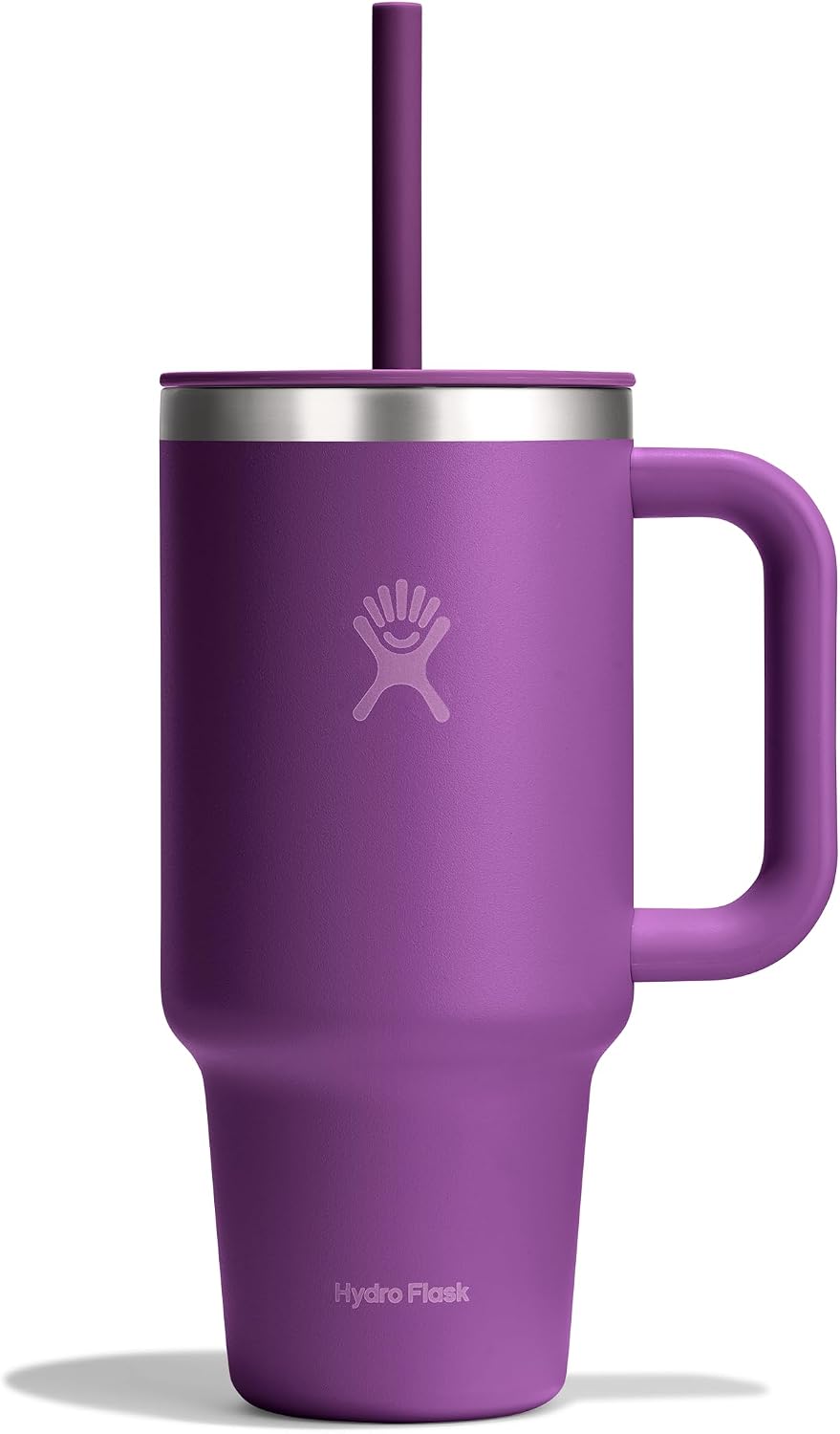 Hydro Flask Travel Tumbler with Handle, Lid and Straw - Insulated Stainless Steel in 32 Oz Beachplum Purple